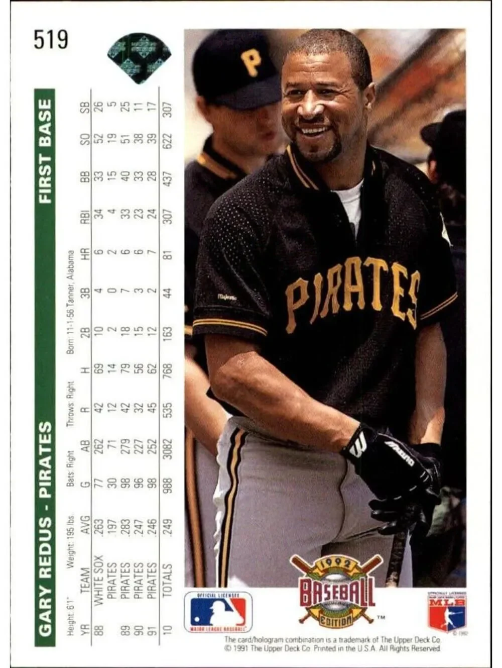 Gary Redus 1992 Upper Deck MLB #519 Baseball Card Pittsburgh Pirates